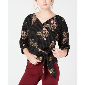 XOXO Womens Floral Pinstripe Wrap Blouse, Black, NWT